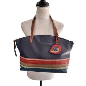 Relic Purse Tote Double Strap Shoulder Handbag Blue W Stripes Floral Bird Charm